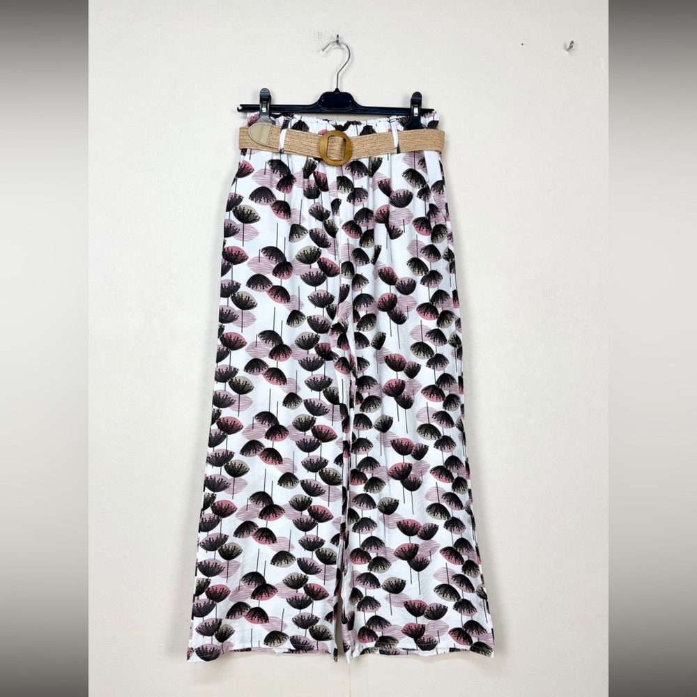 MADE IN ITALY Floral Wide-Leg Pants with Belt